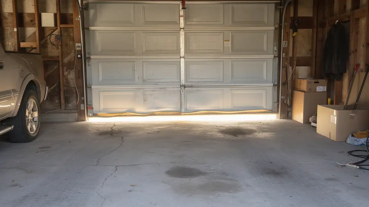 A white garage door is slightly open, letting light into a garage with a car and boxes.