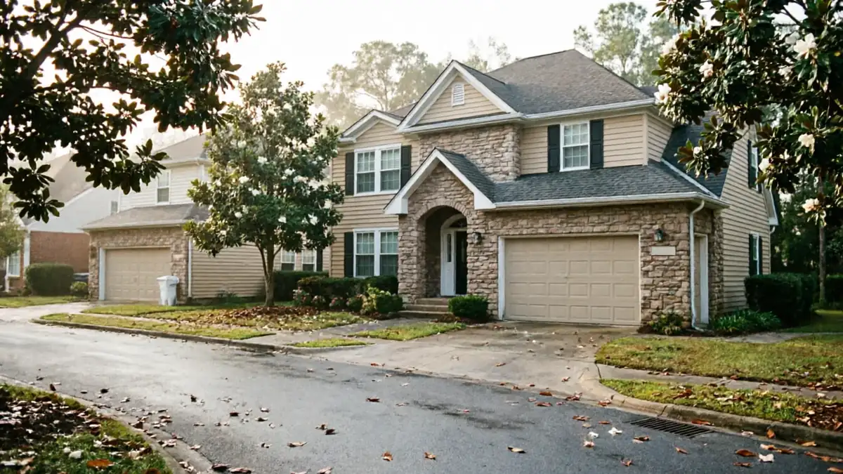 The house has two tan garage doors, stone and siding, and black shutters.