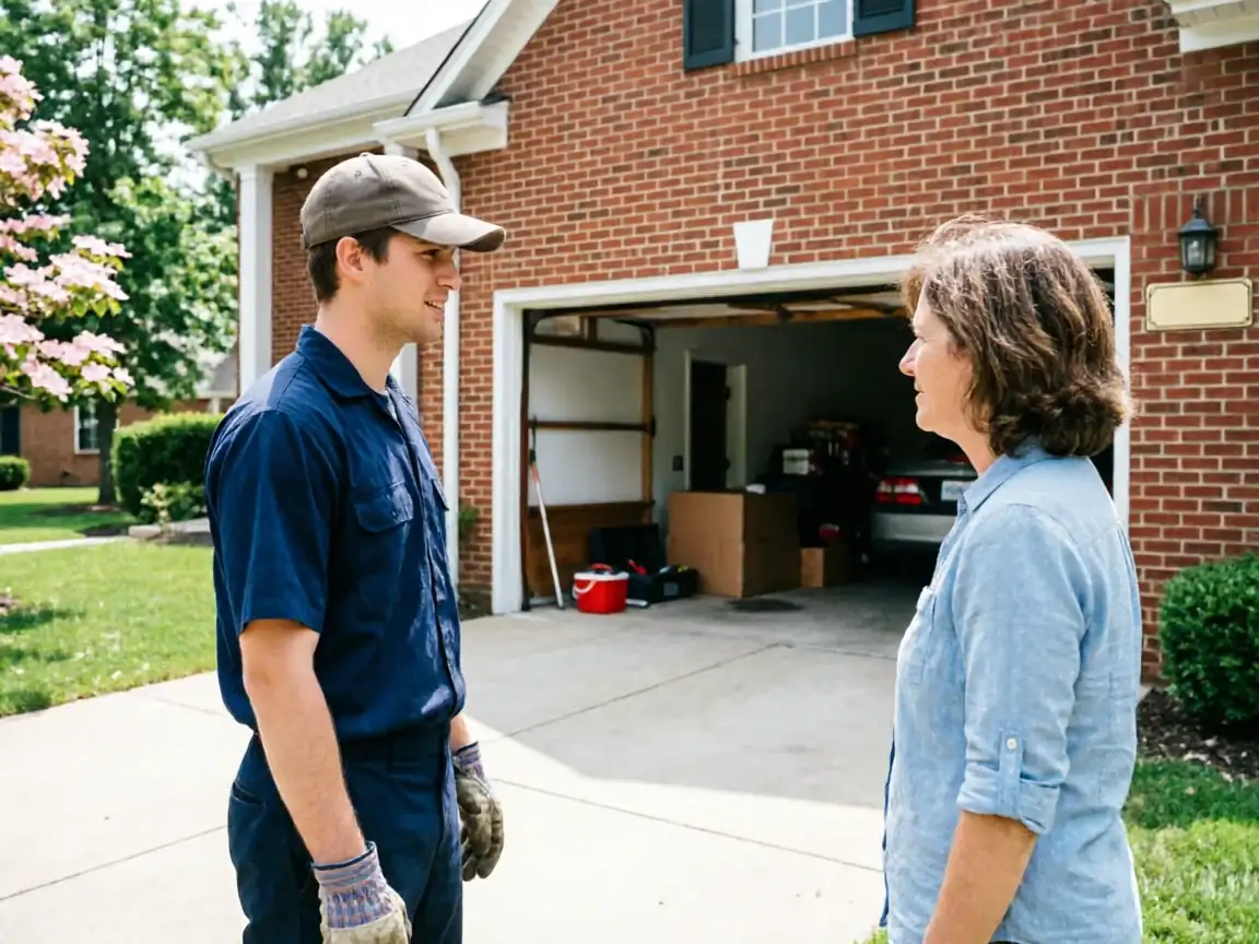 A technician talks to a woman in front of an open garage.