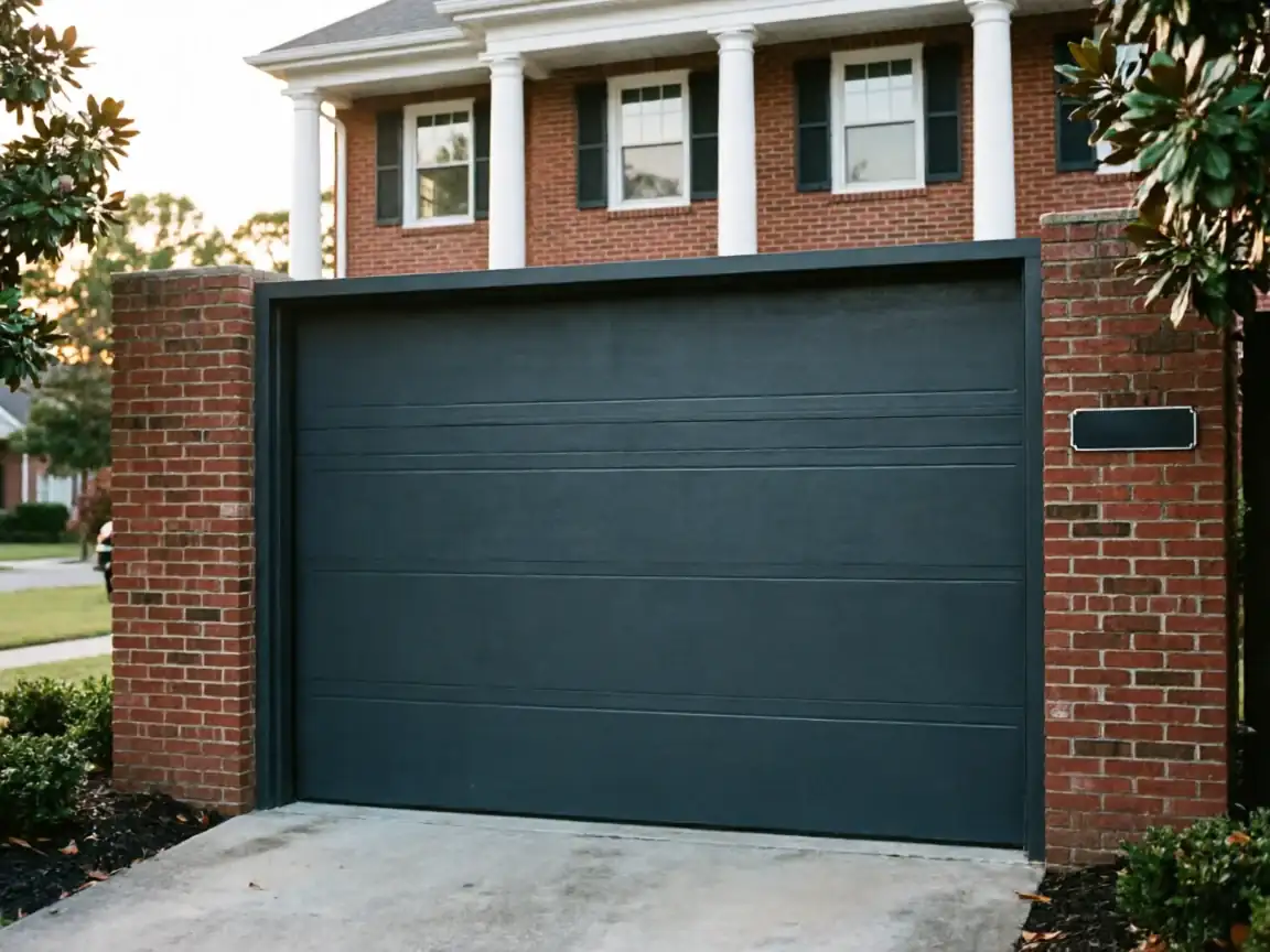 A dark gray garage door is set into a brick archway in front of a house.