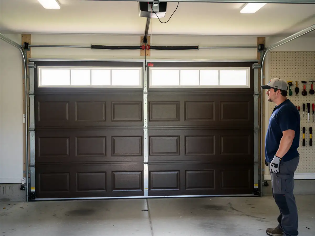 A technician stands next to a closed brown garage door with windows.