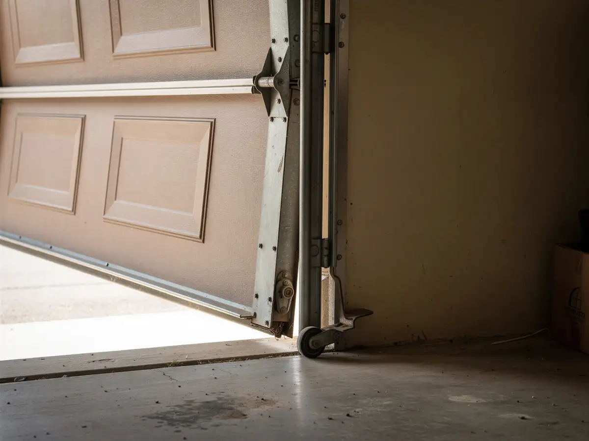 The garage door is off its track, with the bottom panel angled inward.
