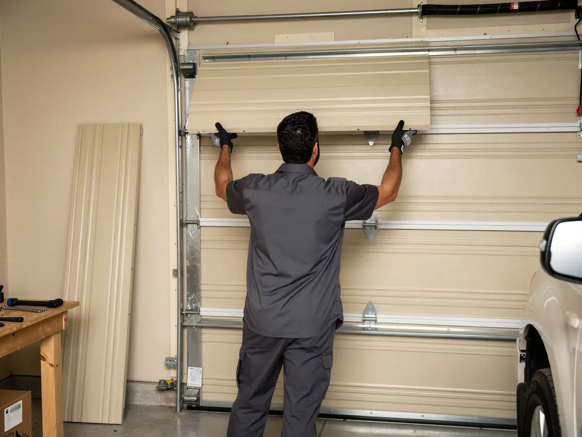 A technician in a gray uniform is installing a beige garage door panel.