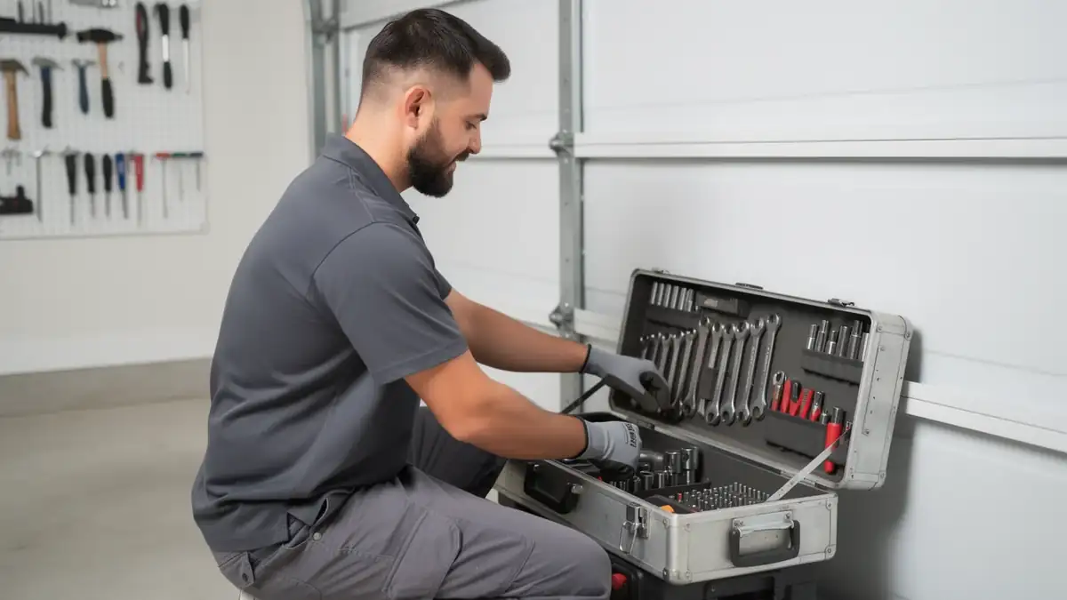 A technician wearing gloves is selecting a tool from an open toolbox in a garage.